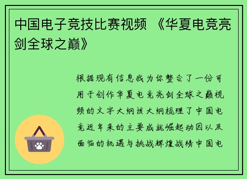 中国电子竞技比赛视频 《华夏电竞亮剑全球之巅》